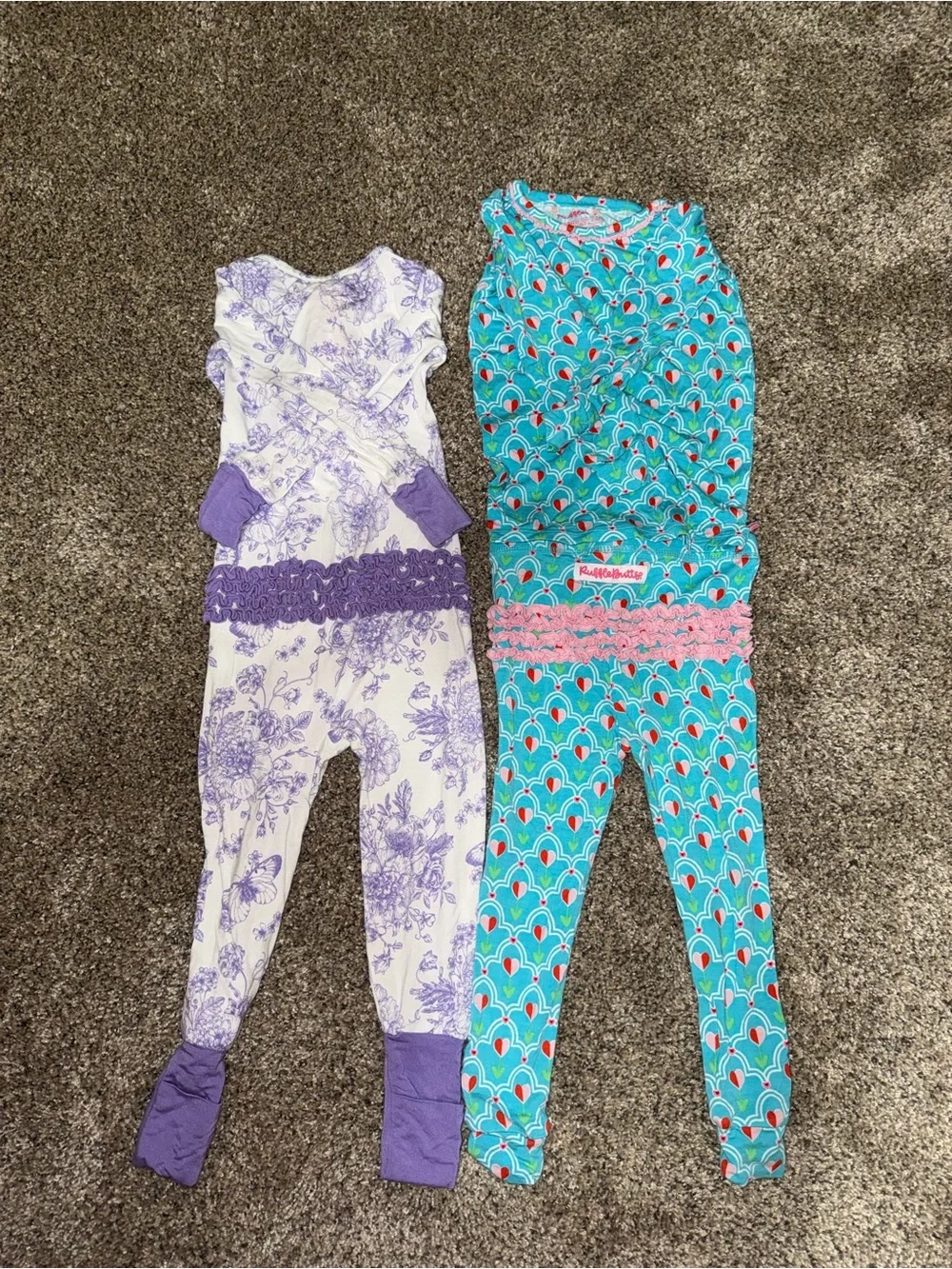 Ruffle Butts Purple Floral & Teal Pattern Footed Baby One-Pieces (2)